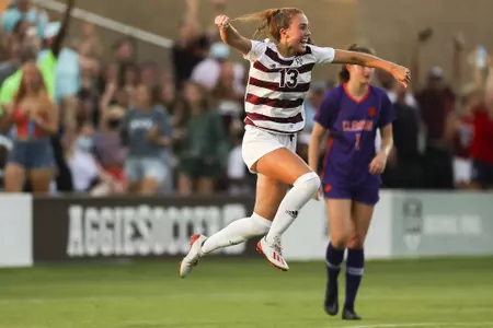 COLLEGE STATION, TX - August 28, 2021 - Defender Mia Pante #13 of the Texas A&M Aggies scores during the game between the Clemson Tigers and the Texas A&M Aggies at Ellis Field in College Station, TX. Photo By Kate Luffman/Texas A&M Athletics