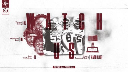 Lombardi Award Watch List graphic featuring DeMarvin Leal, Kenyon Green and Jalen Wydermyer