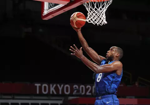 SAITAMA, JAPAN - AUGUST 03: Khris Middleton #8 of Team United States goes up for a shot against Spain during the first half of a Men's Basketball Quarterfinal game on day eleven of the Tokyo 2020 Olympic Games at Saitama Super Arena on August 03, 2021 in Saitama, Japan. (Photo by Kevin C. Cox/Getty Images)