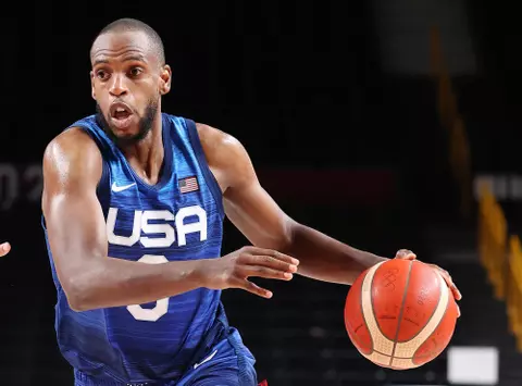 SAITAMA, JAPAN - AUGUST 03: Khris Middleton #8 of Team United States drives to the basket against Team Spain during the second half of a Men's Basketball Quarterfinal game on day eleven of the Tokyo 2020 Olympic Games at Saitama Super Arena on August 03, 2021 in Saitama, Japan. (Photo by Gregory Shamus/Getty Images)
