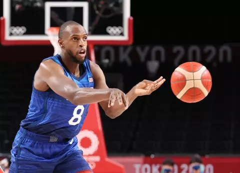 SAITAMA, JAPAN - AUGUST 03: Khris Middleton #8 of Team United States passes the ball against Team Spain during the second half of a Men's Basketball Quarterfinal game on day eleven of the Tokyo 2020 Olympic Games at Saitama Super Arena on August 03, 2021 in Saitama, Japan. (Photo by Gregory Shamus/Getty Images)