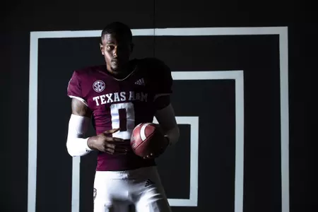 COLLEGE STATION, TX - July 27, 2021 - Defensive back Myles Jones #0 of the Texas A&M Aggies during Texas A&M Aggies Football photo day in College Station, TX. Photo By Craig Bisacre/Texas A&M Athletics