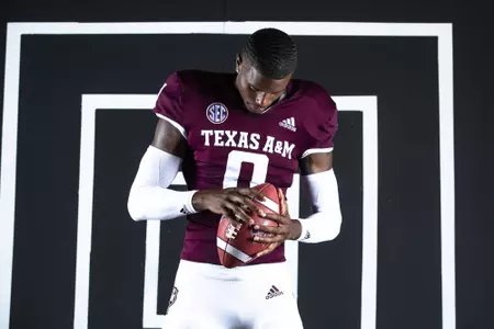 COLLEGE STATION, TX - July 27, 2021 - Defensive back Myles Jones #0 of the Texas A&M Aggies during Texas A&M Aggies Football photo day in College Station, TX. Photo By Craig Bisacre/Texas A&M Athletics