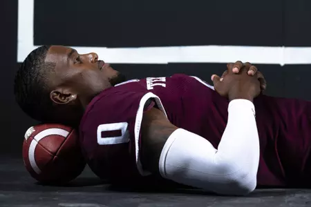 COLLEGE STATION, TX - July 27, 2021 - Defensive back Myles Jones #0 of the Texas A&M Aggies during Texas A&M Aggies Football photo day in College Station, TX. Photo By Craig Bisacre/Texas A&M Athletics