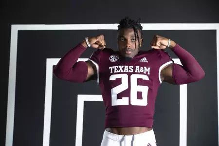 COLLEGE STATION, TX - July 27, 2021 - Defensive back Demani Richardson #26 of the Texas A&M Aggies during Texas A&M Aggies Football photo day in College Station, TX. Photo By Craig Bisacre/Texas A&M Athletics