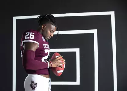 COLLEGE STATION, TX - July 27, 2021 - Defensive back Demani Richardson #26 of the Texas A&M Aggies during Texas A&M Aggies Football photo day in College Station, TX. Photo By Craig Bisacre/Texas A&M Athletics
