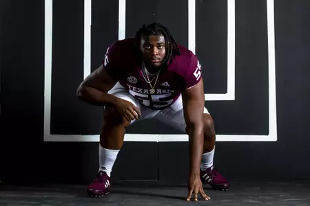 COLLEGE STATION, TX - July 27, 2021 - Offensive lineman Kenyon Green #55 of the Texas A&M Aggies during Texas A&M Aggies Football photo day in College Station, TX. Photo By Craig Bisacre/Texas A&M Athletics