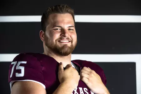COLLEGE STATION, TX - July 27, 2021 - Offensive lineman Luke Matthews #75 of the Texas A&M Aggies during Texas A&M Aggies Football photo day in College Station, TX. Photo By Craig Bisacre/Texas A&M Athletics