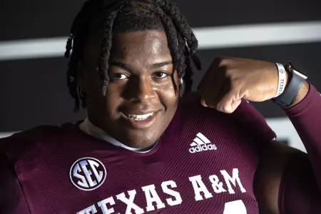 COLLEGE STATION, TX - July 27, 2021 - Offensive lineman Aki Ogunbiyi #74 of the Texas A&M Aggies during Texas A&M Aggies Football photo day in College Station, TX. Photo By Craig Bisacre/Texas A&M Athletics
