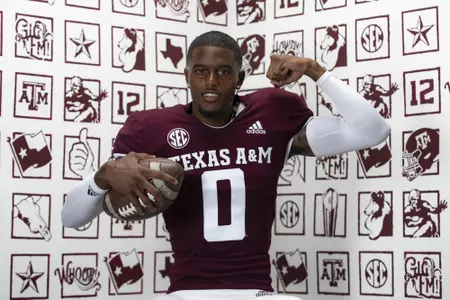 COLLEGE STATION, TX - July 27, 2021 - Defensive back Myles Jones #0 of the Texas A&M Aggies during Texas A&M Aggies Football photo day in College Station, TX. Photo By Craig Bisacre/Texas A&M Athletics