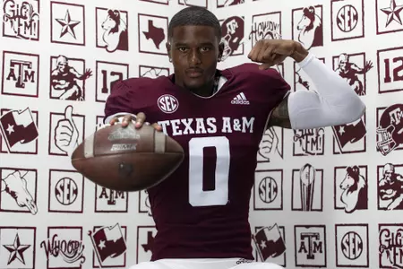 COLLEGE STATION, TX - July 27, 2021 - Defensive back Myles Jones #0 of the Texas A&M Aggies during Texas A&M Aggies Football photo day in College Station, TX. Photo By Craig Bisacre/Texas A&M Athletics