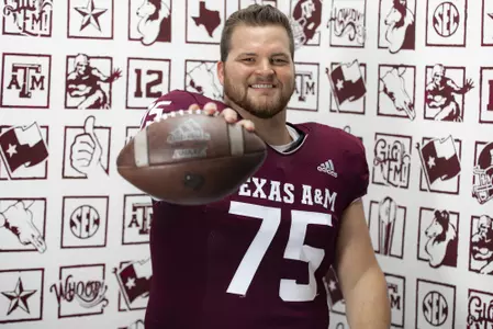 COLLEGE STATION, TX - July 27, 2021 - Offensive lineman Luke Matthews #75 of the Texas A&M Aggies during Texas A&M Aggies Football photo day in College Station, TX. Photo By Craig Bisacre/Texas A&M Athletics