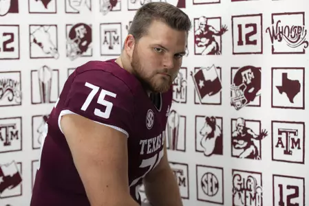 COLLEGE STATION, TX - July 27, 2021 - Offensive lineman Luke Matthews #75 of the Texas A&M Aggies during Texas A&M Aggies Football photo day in College Station, TX. Photo By Craig Bisacre/Texas A&M Athletics