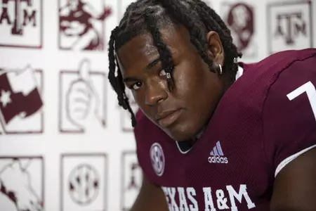 COLLEGE STATION, TX - July 27, 2021 - Offensive lineman Aki Ogunbiyi #74 of the Texas A&M Aggies during Texas A&M Aggies Football photo day in College Station, TX. Photo By Craig Bisacre/Texas A&M Athletics