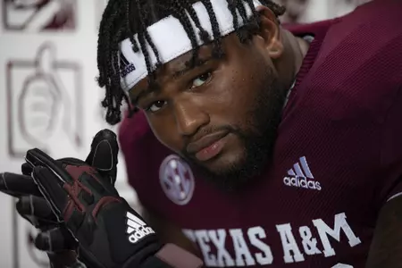 COLLEGE STATION, TX - July 27, 2021 - Defensive lineman Jayden Peevy #92 of the Texas A&M Aggies during Texas A&M Aggies Football photo day in College Station, TX. Photo By Craig Bisacre/Texas A&M Athletics