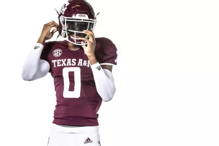 COLLEGE STATION, TX - July 27, 2021 - Defensive back Myles Jones #0 of the Texas A&M Aggies during Football Photo Day in College Station, TX. Photo By Craig Bisacre/Texas A&M Athletics