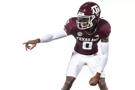 COLLEGE STATION, TX - July 27, 2021 - Defensive back Myles Jones #0 of the Texas A&M Aggies during Football Photo Day in College Station, TX. Photo By Craig Bisacre/Texas A&M Athletics