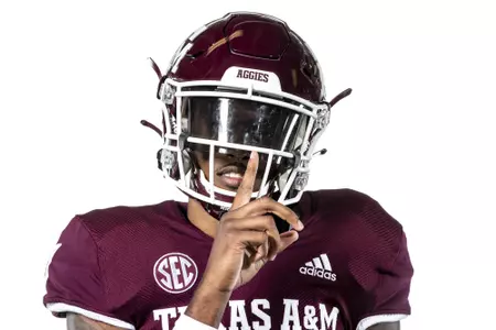 COLLEGE STATION, TX - July 27, 2021 - Defensive back Myles Jones #0 of the Texas A&M Aggies during Football Photo Day in College Station, TX. Photo By Craig Bisacre/Texas A&M Athletics