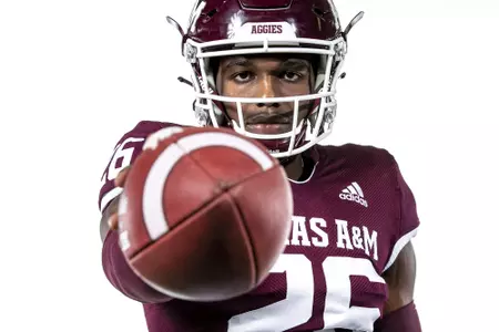 COLLEGE STATION, TX - July 27, 2021 - Defensive back Demani Richardson #26 of the Texas A&M Aggies during Texas A&M Aggies Football photo day in College Station, TX. Photo By Craig Bisacre/Texas A&M Athletics