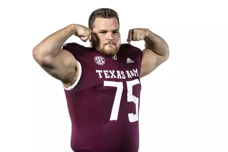 COLLEGE STATION, TX - July 27, 2021 - Offensive lineman Luke Matthews #75 of the Texas A&M Aggies during Texas A&M Aggies Football photo day in College Station, TX. Photo By Craig Bisacre/Texas A&M Athletics