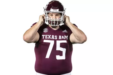 COLLEGE STATION, TX - July 27, 2021 - Offensive lineman Luke Matthews #75 of the Texas A&M Aggies during Texas A&M Aggies Football photo day in College Station, TX. Photo By Craig Bisacre/Texas A&M Athletics