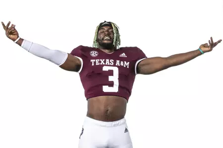 COLLEGE STATION, TX - July 27, 2021 - Defensive lineman Tyree Johnson #3 of the Texas A&M Aggies during Texas A&M Aggies Football photo day in College Station, TX. Photo By Craig Bisacre/Texas A&M Athletics/Texas A&M Athletics