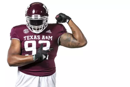 COLLEGE STATION, TX - July 27, 2021 - Defensive lineman Jayden Peevy #92 of the Texas A&M Aggies during Texas A&M Aggies Football photo day in College Station, TX. Photo By Craig Bisacre/Texas A&M Athletics/Texas A&M Athletics