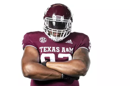 COLLEGE STATION, TX - July 27, 2021 - Defensive lineman Jayden Peevy #92 of the Texas A&M Aggies during Texas A&M Aggies Football photo day in College Station, TX. Photo By Craig Bisacre/Texas A&M Athletics/Texas A&M Athletics