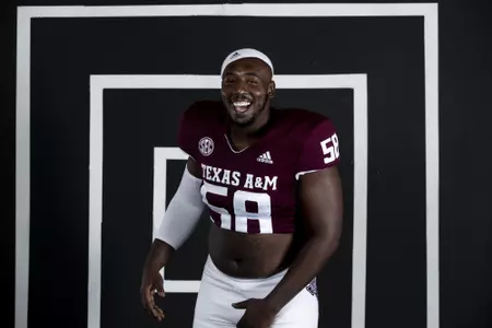 COLLEGE STATION, TX - July 28, 2021 - Offensive lineman Jahmir Johnson #58 of the Texas A&M Aggies during Football Photo Day in College Station, TX. Photo By Olivia Treadwell/Texas A&M Athletics