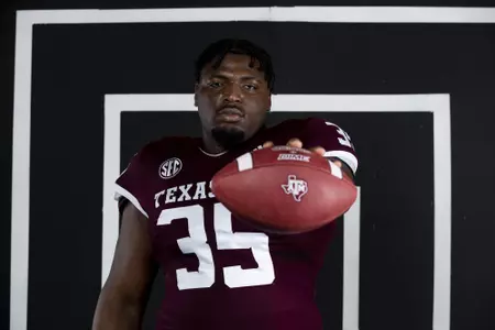 COLLEGE STATION, TX - July 28, 2021 - Defensive lineman McKinnley Jackson #35 of the Texas A&M Aggies during Football Photo Day in College Station, TX. Photo By Olivia Treadwell/Texas A&M Athletics