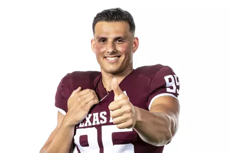 COLLEGE STATION, TX - July 28, 2021 - Punter Nik Constantinou #95 of the Texas A&M Aggies during Texas A&M Aggies Football Photo Day in The Studio at Kyle Field in College Station, TX. Photo By Craig Bisacre/Texas A&M Athletics
