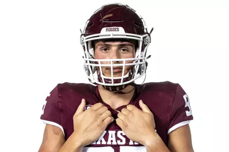 COLLEGE STATION, TX - July 28, 2021 - Punter Nik Constantinou #95 of the Texas A&M Aggies during Texas A&M Aggies Football Photo Day in The Studio at Kyle Field in College Station, TX. Photo By Craig Bisacre/Texas A&M Athletics