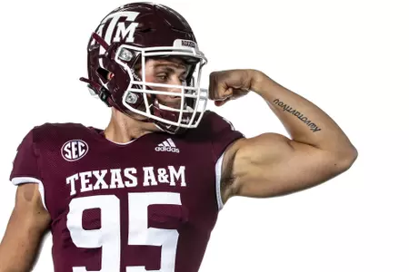 COLLEGE STATION, TX - July 28, 2021 - Punter Nik Constantinou #95 of the Texas A&M Aggies during Texas A&M Aggies Football Photo Day in The Studio at Kyle Field in College Station, TX. Photo By Craig Bisacre/Texas A&M Athletics