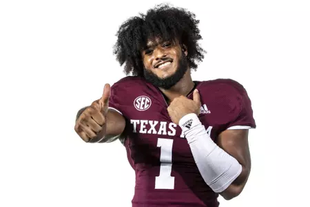 COLLEGE STATION, TX - July 28, 2021 - Linebacker Aaron Hansford #1 of the Texas A&M Aggies during Texas A&M Aggies Texas A&M Aggies Football Photo Day at The Studio in Kyle Field in College Station, TX. Photo By Texas A&M Athletics/Texas A&M Athletics