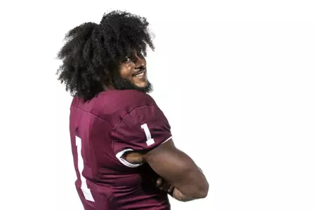 COLLEGE STATION, TX - July 28, 2021 - Linebacker Aaron Hansford #1 of the Texas A&M Aggies during Texas A&M Aggies Texas A&M Aggies Football Photo Day at The Studio in Kyle Field in College Station, TX. Photo By Texas A&M Athletics/Texas A&M Athletics