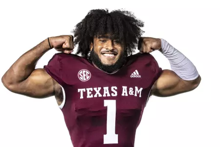 COLLEGE STATION, TX - July 28, 2021 - Linebacker Aaron Hansford #1 of the Texas A&M Aggies during Texas A&M Aggies Texas A&M Aggies Football Photo Day at The Studio in Kyle Field in College Station, TX. Photo By Texas A&M Athletics/Texas A&M Athletics