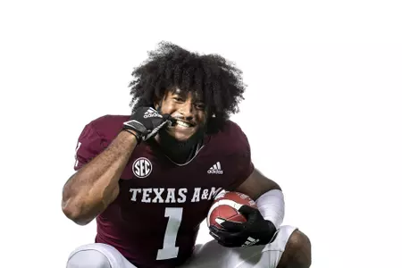 COLLEGE STATION, TX - July 28, 2021 - Linebacker Aaron Hansford #1 of the Texas A&M Aggies during Texas A&M Aggies Texas A&M Aggies Football Photo Day at The Studio in Kyle Field in College Station, TX. Photo By Texas A&M Athletics/Texas A&M Athletics
