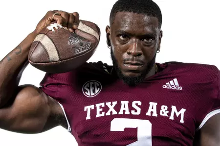 COLLEGE STATION, TX - July 28, 2021 - Defensive lineman Micheal Clemons #2 of the Texas A&M Aggies during Texas A&M Aggies Texas A&M Aggies Football Photo Day at The Studio in Kyle Field in College Station, TX. Photo By Texas A&M Athletics/Texas A&M Athletics