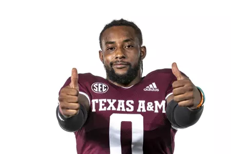 COLLEGE STATION, TX - July 28, 2021 - Wide receiver Ainias Smith #0 of the Texas A&M Aggies during Texas A&M Aggies Texas A&M Aggies Football Photo Day at The Studio in Kyle Field in College Station, TX. Photo By Texas A&M Athletics/Texas A&M Athletics