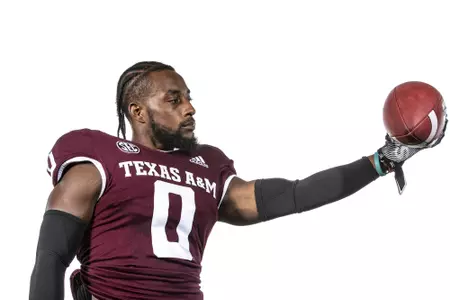 COLLEGE STATION, TX - July 28, 2021 - Wide receiver Ainias Smith #0 of the Texas A&M Aggies during Texas A&M Aggies Texas A&M Aggies Football Photo Day at The Studio in Kyle Field in College Station, TX. Photo By Texas A&M Athletics/Texas A&M Athletics
