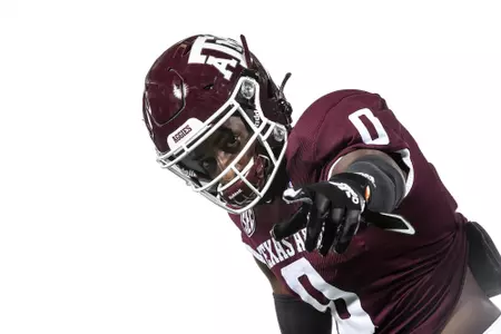 COLLEGE STATION, TX - July 28, 2021 - Wide receiver Ainias Smith #0 of the Texas A&M Aggies during Texas A&M Aggies Texas A&M Aggies Football Photo Day at The Studio in Kyle Field in College Station, TX. Photo By Texas A&M Athletics/Texas A&M Athletics