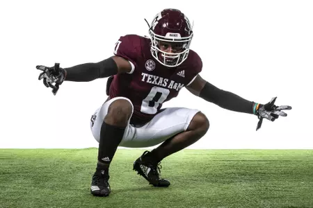 COLLEGE STATION, TX - July 28, 2021 - Wide receiver Ainias Smith #0 of the Texas A&M Aggies during Texas A&M Aggies Texas A&M Aggies Football Photo Day at The Studio in Kyle Field in College Station, TX. Photo By Texas A&M Athletics/Texas A&M Athletics