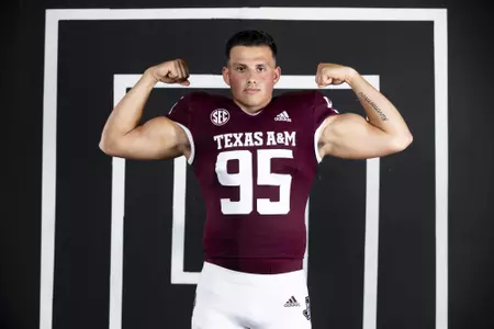 COLLEGE STATION, TX - July 28, 2021 - Punter Nik Constantinou #95 of the Texas A&M Aggies during Football Photo Day in College Station, TX. Photo By Olivia Treadwell/Texas A&M Athletics