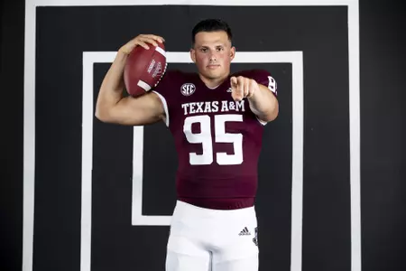 COLLEGE STATION, TX - July 28, 2021 - Punter Nik Constantinou #95 of the Texas A&M Aggies during Football Photo Day in College Station, TX. Photo By Olivia Treadwell/Texas A&M Athletics