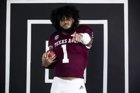 COLLEGE STATION, TX - July 28, 2021 - Linebacker Aaron Hansford #1 of the Texas A&M Aggies during Football Photo Day in College Station, TX. Photo By Olivia Treadwell/Texas A&M Athletics