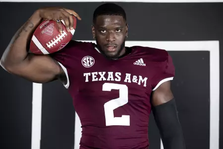 COLLEGE STATION, TX - July 28, 2021 - Defensive lineman Micheal Clemons #2 of the Texas A&M Aggies during Football Photo Day in College Station, TX. Photo By Olivia Treadwell/Texas A&M Athletics