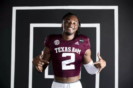 COLLEGE STATION, TX - July 28, 2021 - Wide receiver Chase Lane #2 of the Texas A&M Aggies during Football Photo Day in College Station, TX. Photo By Olivia Treadwell/Texas A&M Athletics