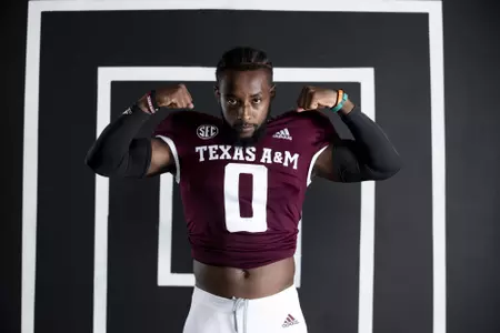 COLLEGE STATION, TX - July 28, 2021 - Wide receiver Ainias Smith #0 of the Texas A&M Aggies during Football Photo Day in College Station, TX. Photo By Olivia Treadwell/Texas A&M Athletics