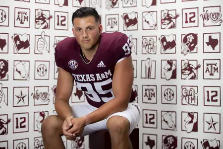COLLEGE STATION, TX - July 28, 2021 - Punter Nik Constantinou #95 of the Texas A&M Aggies during the Texas A&M Aggies Football Photo Day at the Studio in College Station, TX. Photo ByCraig Bisacre/Texas A&M Athletics