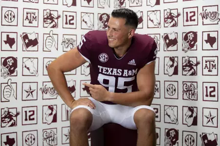 COLLEGE STATION, TX - July 28, 2021 - Punter Nik Constantinou #95 of the Texas A&M Aggies during the Texas A&M Aggies Football Photo Day at the Studio in College Station, TX. Photo ByCraig Bisacre/Texas A&M Athletics